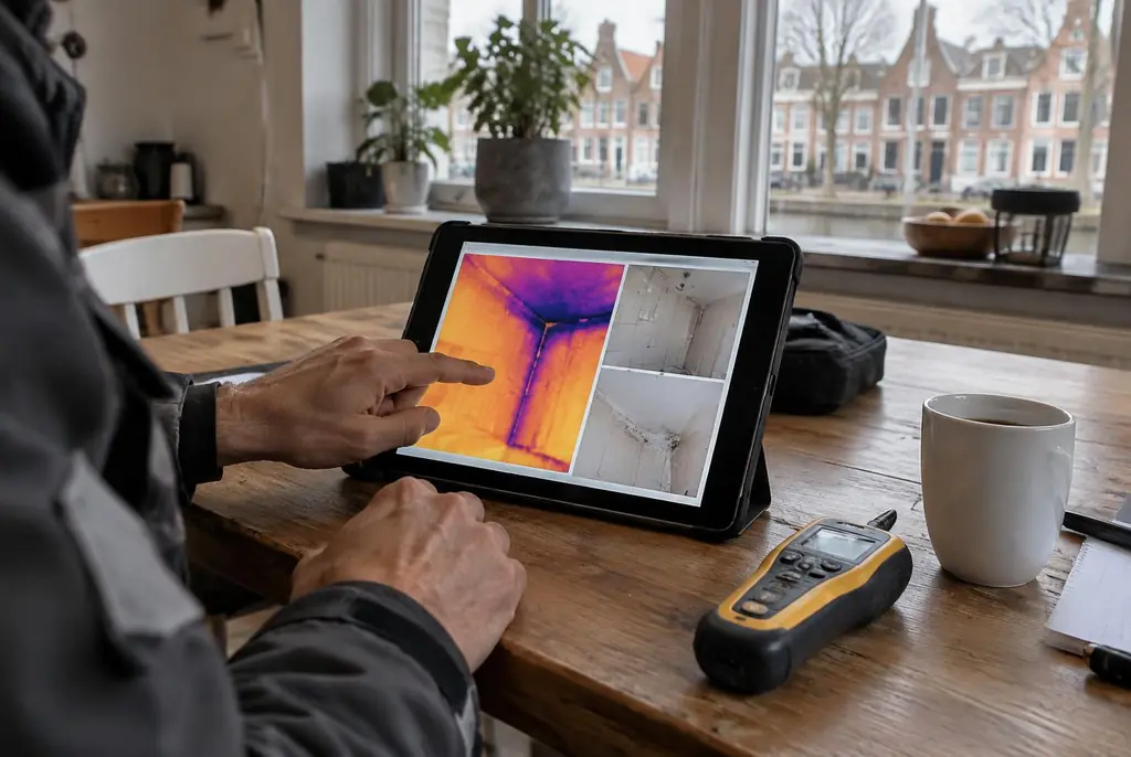 Lekdetectie Driebergen-Rijsenburg – lekdetectierapport met warmtebeelden en foto's op een tablet
