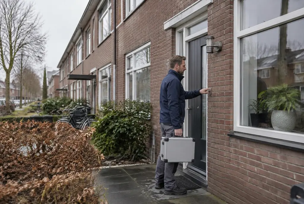 Lekdetectiespecialist met meetkoffer bij de voordeur van een woning in Driebergen-Rijsenburg